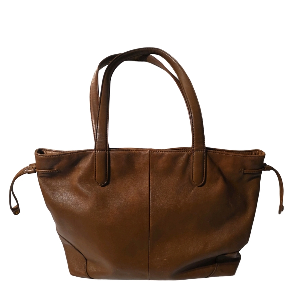 HOBO The Original Brown Leather Drawstring Tote Bag Front Zip Pocket Vintage - Picture 2 of 6